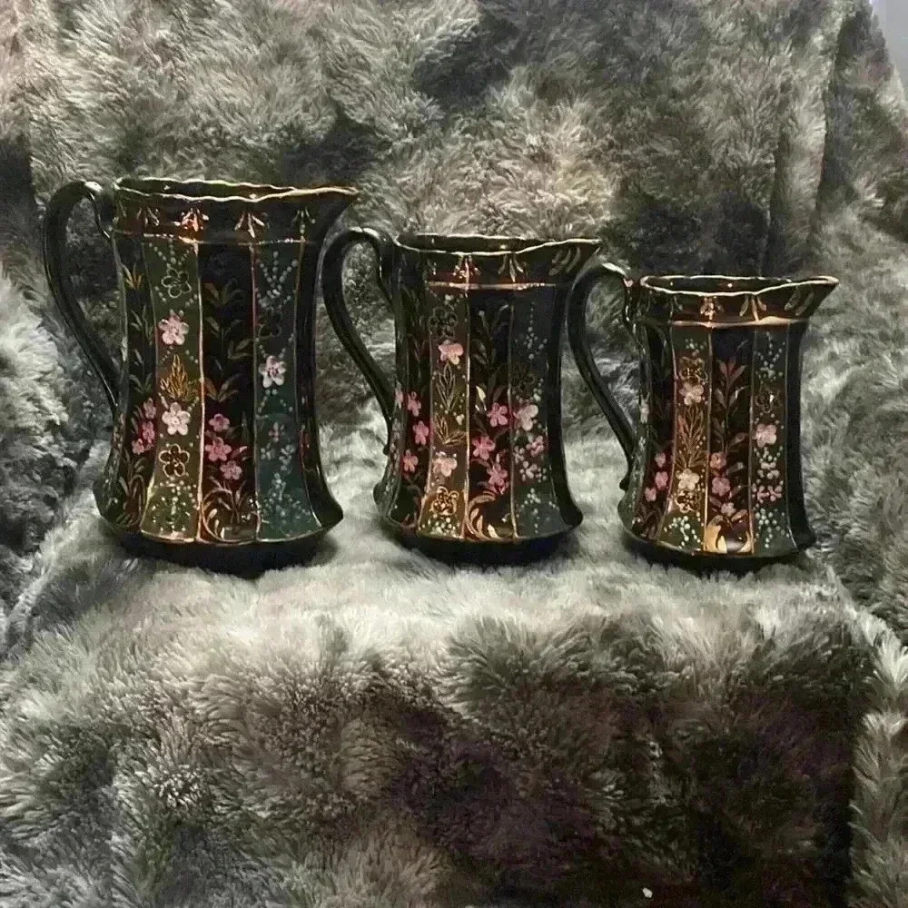 3 Black Glazed Pottery  antique style water jugs